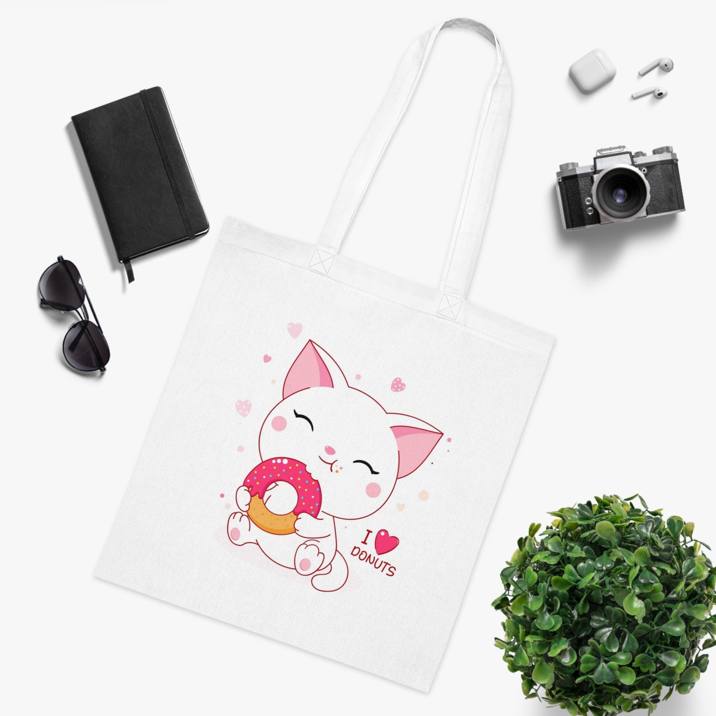 Cute Cat 'I Love Donuts' Tote Bag
